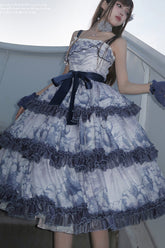 Robe Jsk Sweet Lolita à nœud à volants imprimé cumulonimbus multicolore à plusieurs couches